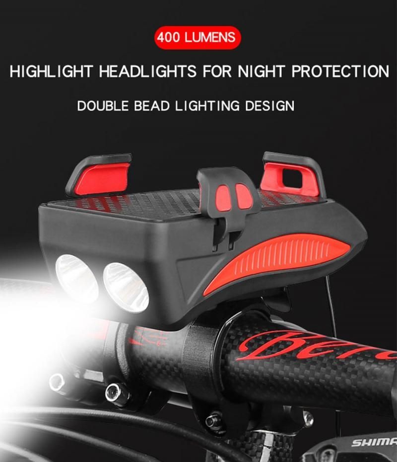 Multifunctionele 4-in-1 MTB-licht, USB-oplaadbare LED-fietskoplamp met hoorn en telefoonhouder, fietsuitrusting