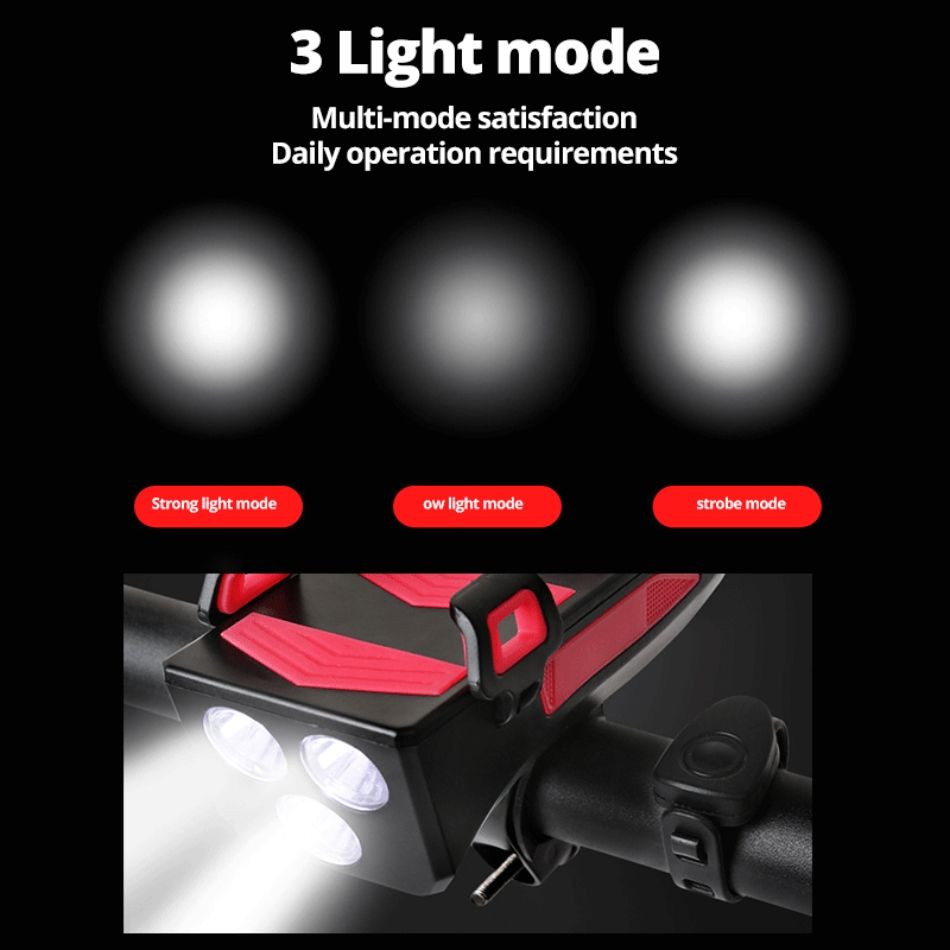 Verbeter uw fietservaring met de multifunctionele 4-in-1 fietslamp van 800 lumen, met zaklamp, fietsbel, telefoonhouder en powerbank.