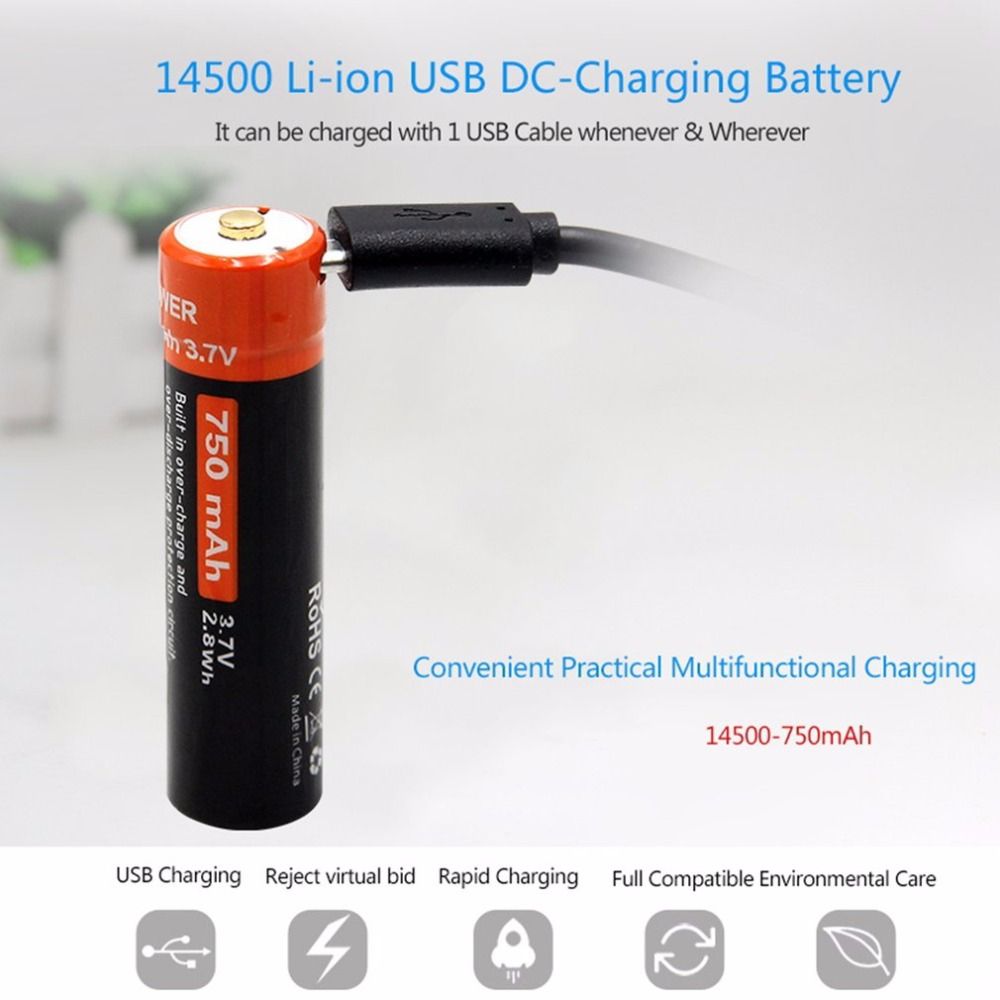 Doublepow 14500 750mAh oplaadbare batterij 3.7V Li-ion met Micro USB voor apparaten met hoog stroomverbruik en kamperen