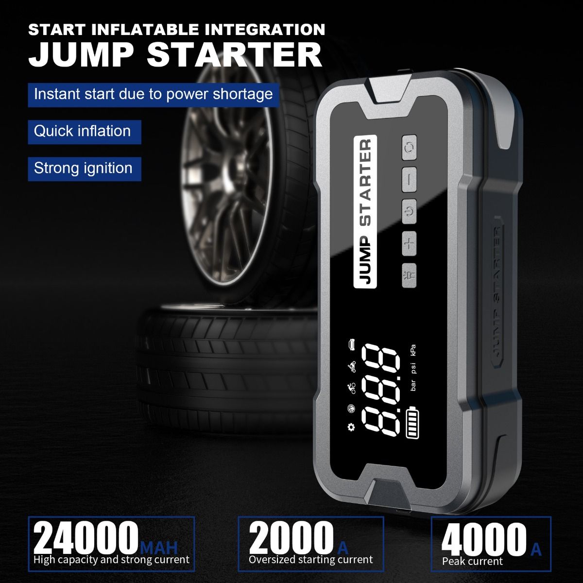 Draagbare startaccu powerbank met 2000A piekstroom, compact ontwerp voor autobatterijproblemen