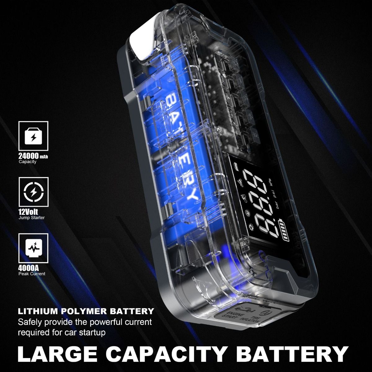 Draagbare startaccu powerbank met 2000A piekstroom, compact ontwerp voor autobatterijproblemen