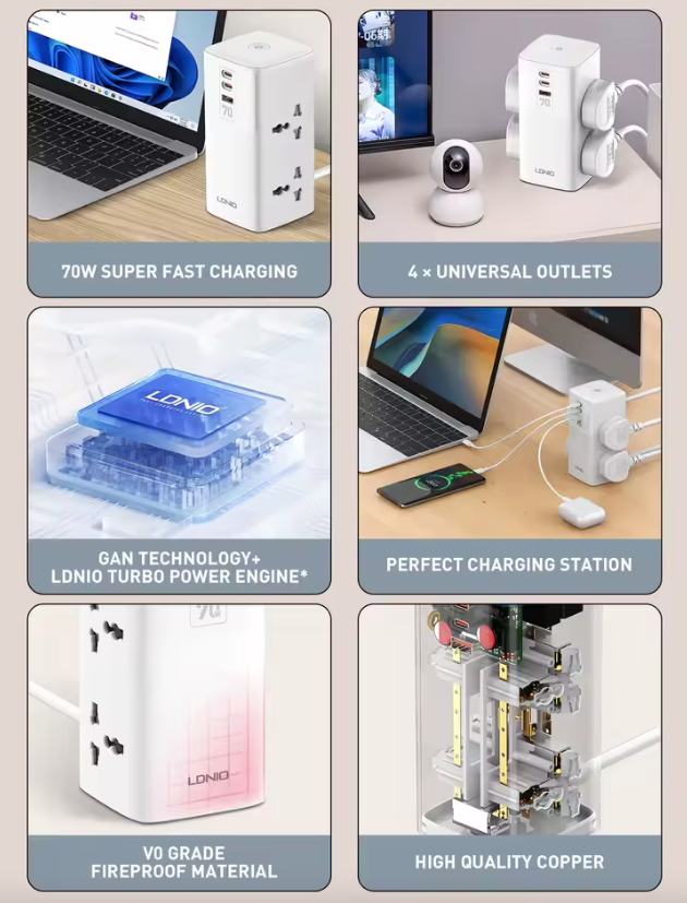 LDNIO Toren Multi Tap Kubus Stroomstrip Uitgangen 70W Oplaadstations 4 Uitgang Lijnfilter UK US EU Type Stekker Naar Universele Adapter