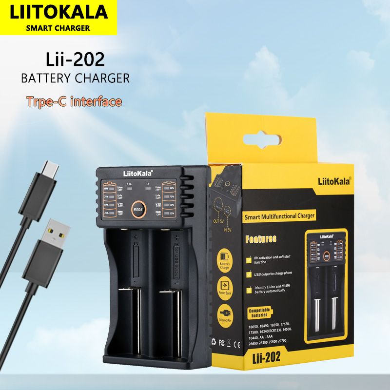 Liitokala Lii-202 Slimme Lader voor 18650 26650 21700 NiMH Lithium Batterijen Dubbele Kanalen USB Uitgang