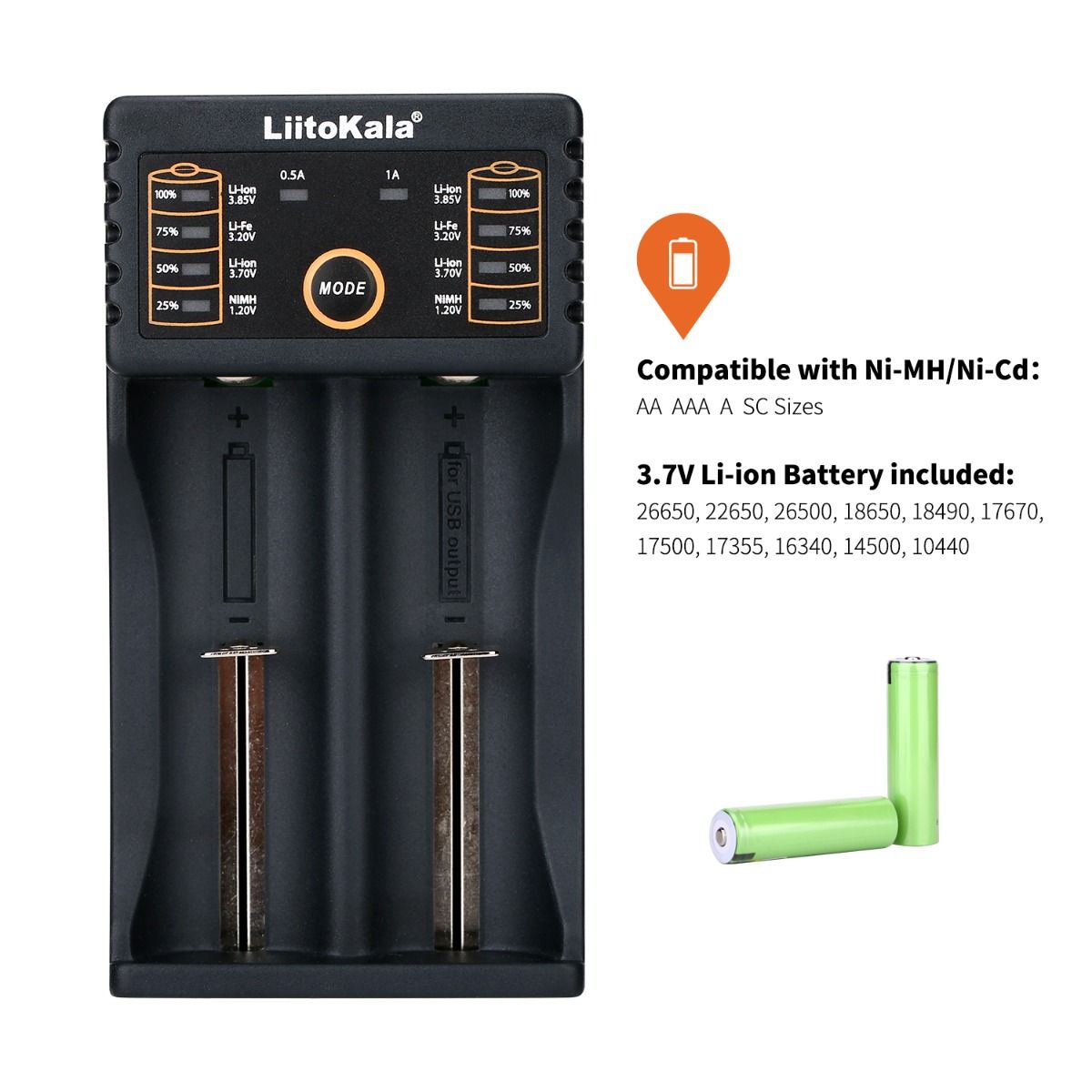 Liitokala Lii-202 Slimme Lader voor 18650 26650 21700 NiMH Lithium Batterijen Dubbele Kanalen USB Uitgang