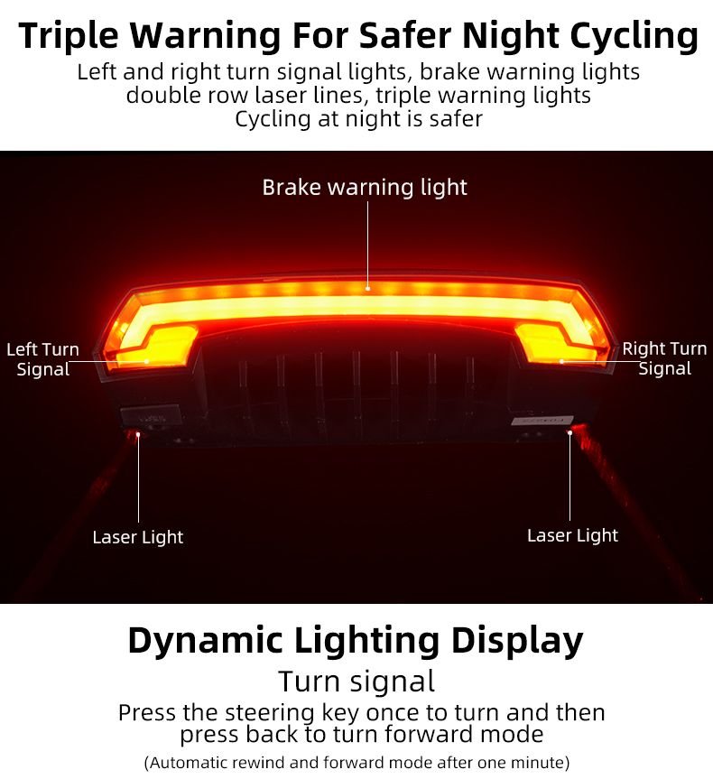 ROCKBROS LKWD-R1 Fietslamp Slim USB LED met Draadloze Afstandsbediening Richtingaanwijzer Laserprojector voor Fietsveiligheid