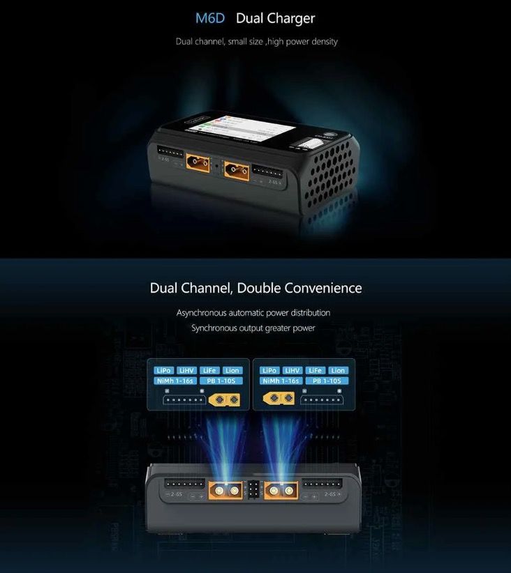 ToolkitRC M6D 500W 15A DC Dual Channel MINI Smart Charger Discharger voor RC elektrische vlucht en racen