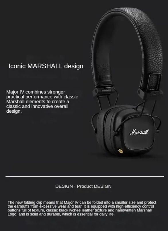Marshall Major IV Bluetooth-hoofdtelefoon Klassieke esthetiek Signature Sound Diepe bas Draadloos opladen