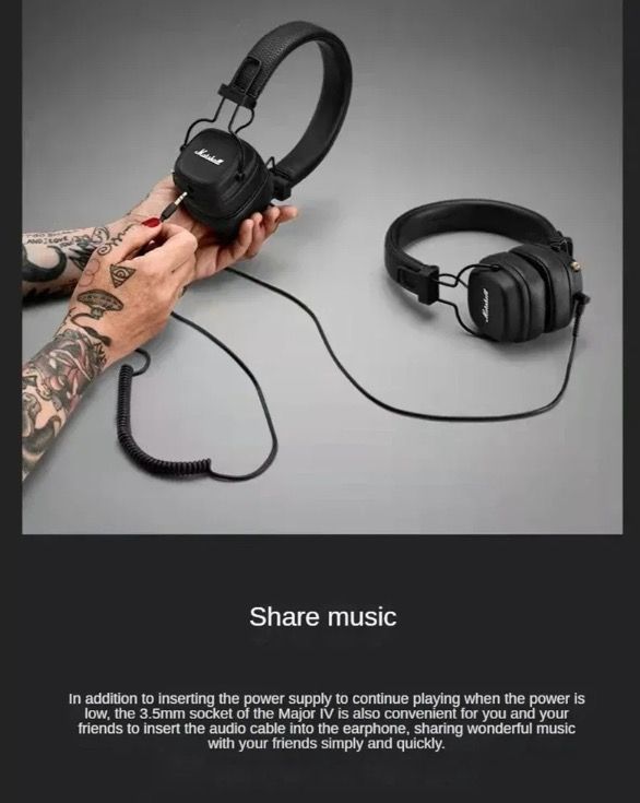 Marshall Major IV Bluetooth-hoofdtelefoon Klassieke esthetiek Signature Sound Diepe bas Draadloos opladen