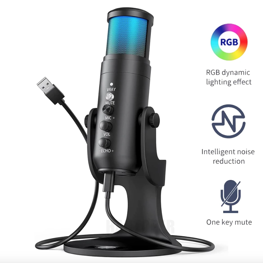 MU900PRO RGB USB-microfoon voor streaming met dynamische RGB-verlichting en cardioïde opnamepatroon voor hoge geluidskwaliteit
