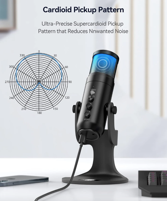 MU900PRO RGB USB-microfoon voor streaming met dynamische RGB-verlichting en cardioïde opnamepatroon voor hoge geluidskwaliteit