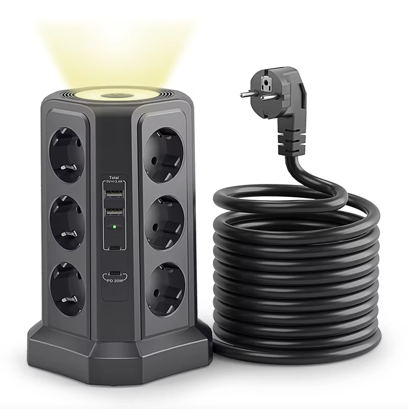 EU Multi-socket overspanningsbeveiliger 4000W 16A met USB-poort, multi-stekker met nachtlampje