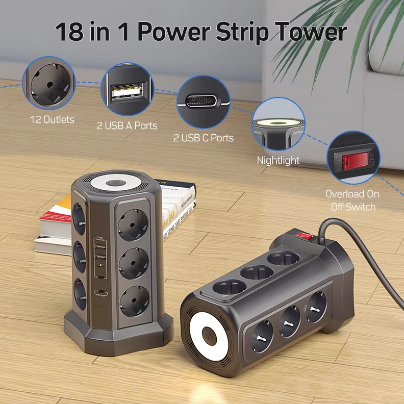 EU Multi-socket overspanningsbeveiliger 4000W 16A met USB-poort, multi-stekker met nachtlampje