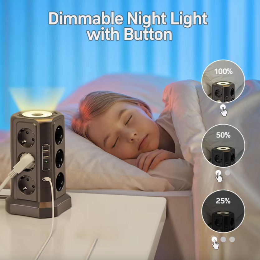 EU Multi-socket overspanningsbeveiliger 4000W 16A met USB-poort, multi-stekker met nachtlampje