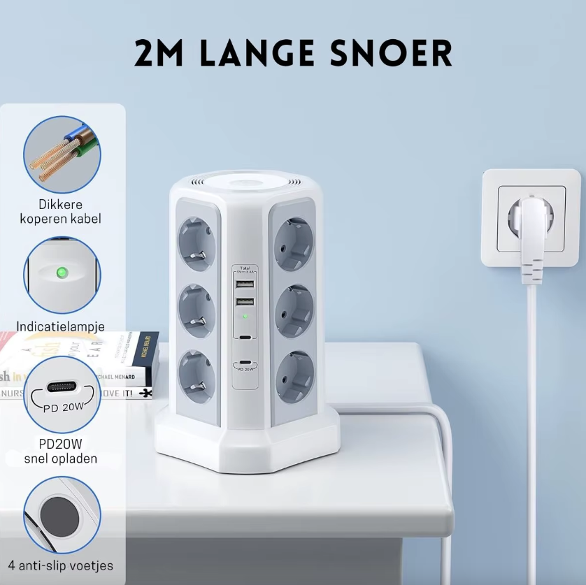 EU Multi-socket overspanningsbeveiliger 4000W 16A met USB-poort, multi-stekker met nachtlampje