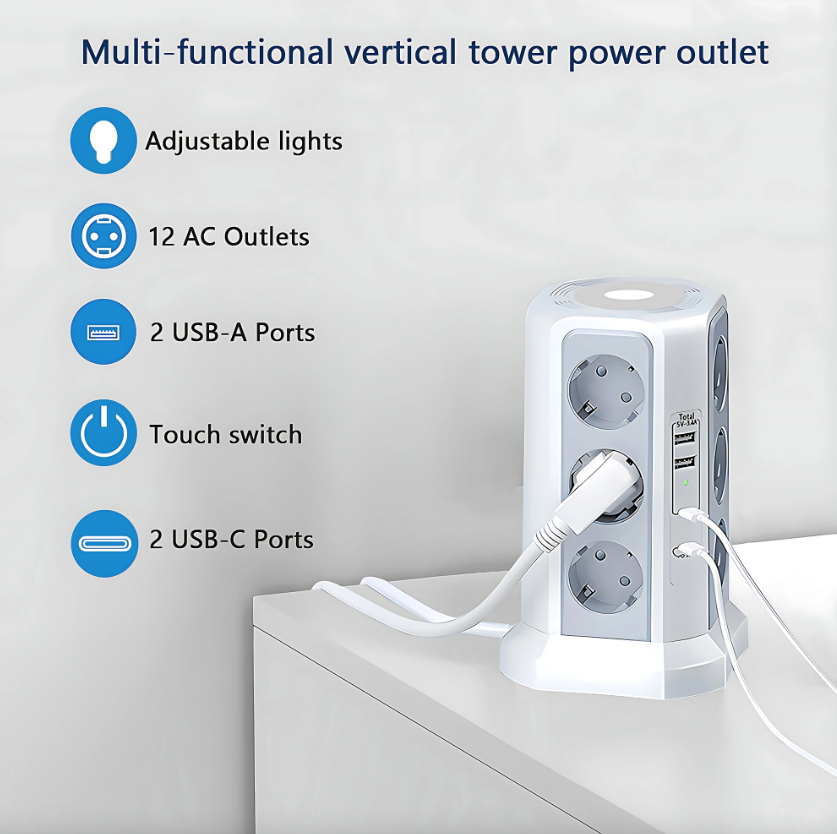 EU Multi-socket overspanningsbeveiliger 4000W 16A met USB-poort, multi-stekker met nachtlampje