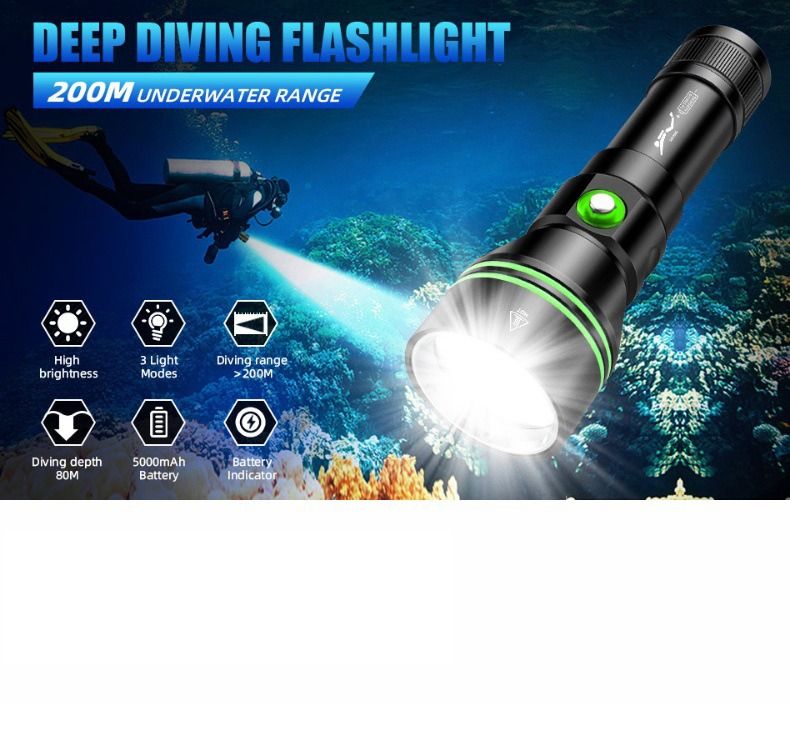 P70 Duiklamp, Duikzaklamp 5000 Lumen Superhelder, IPX8 Waterdichte Nachtduiklamp, 200 Meter Onderdompelbare Lamp