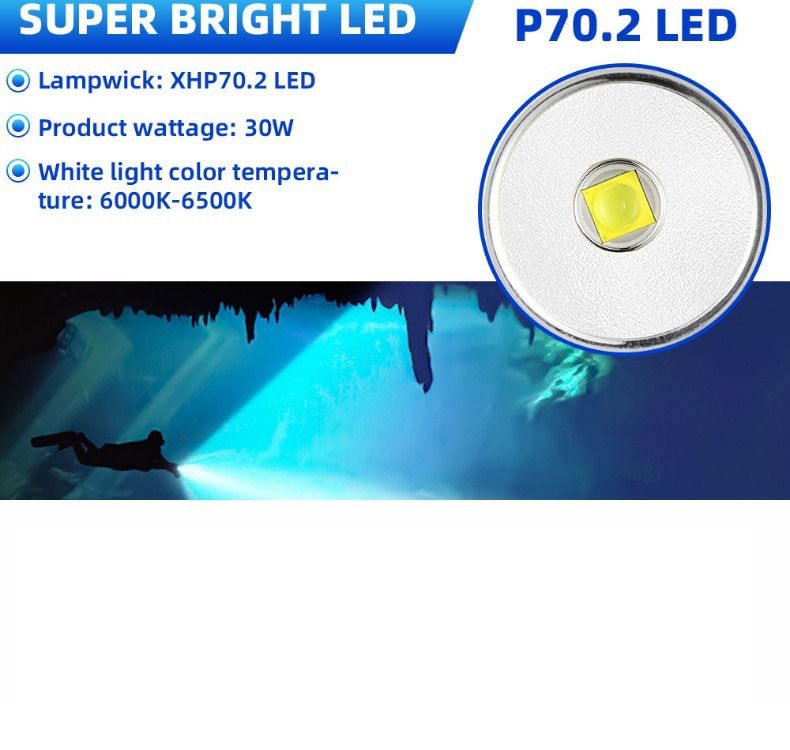 P70 Duiklamp, Duikzaklamp 5000 Lumen Superhelder, IPX8 Waterdichte Nachtduiklamp, 200 Meter Onderdompelbare Lamp