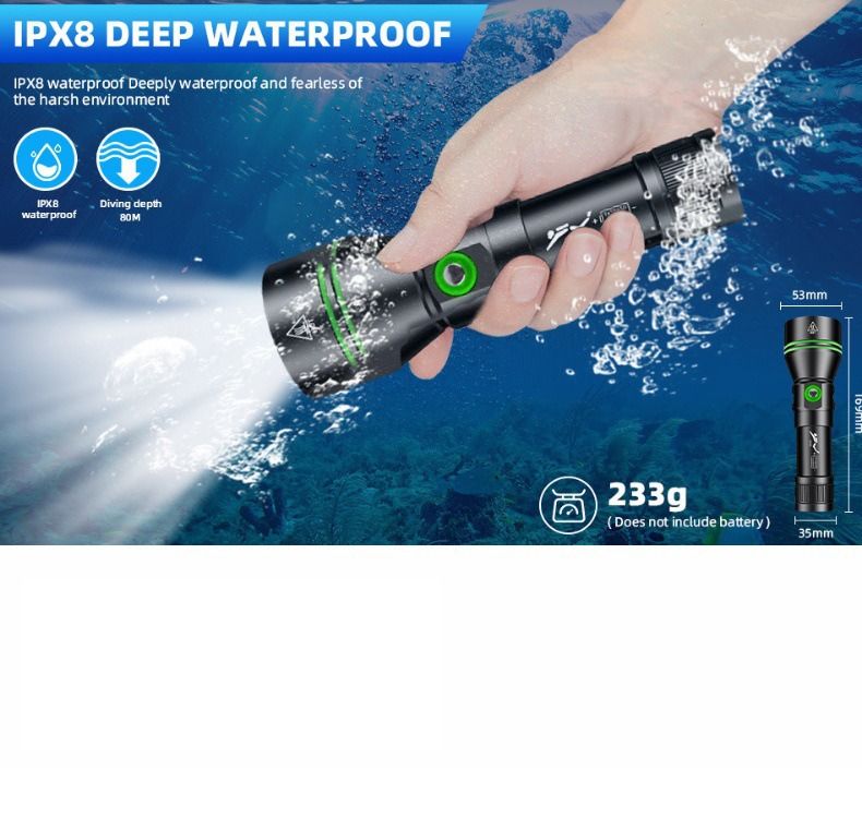 P70 Duiklamp, Duikzaklamp 5000 Lumen Superhelder, IPX8 Waterdichte Nachtduiklamp, 200 Meter Onderdompelbare Lamp