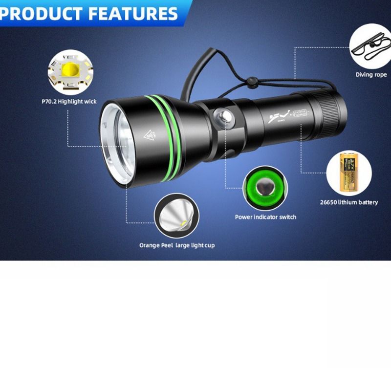 P70 Duiklamp, Duikzaklamp 5000 Lumen Superhelder, IPX8 Waterdichte Nachtduiklamp, 200 Meter Onderdompelbare Lamp