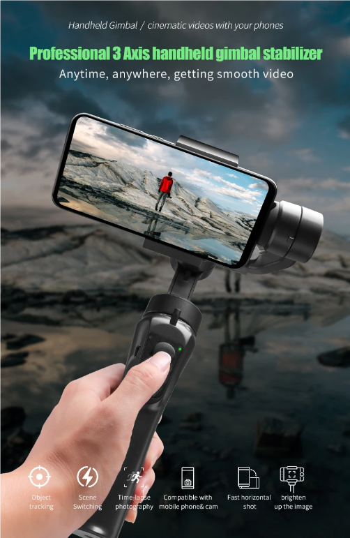 F6 3-assige gimbal handstabilisator voor vloeiende video-opname, smartphonefotografie en actioncamerastabilisator