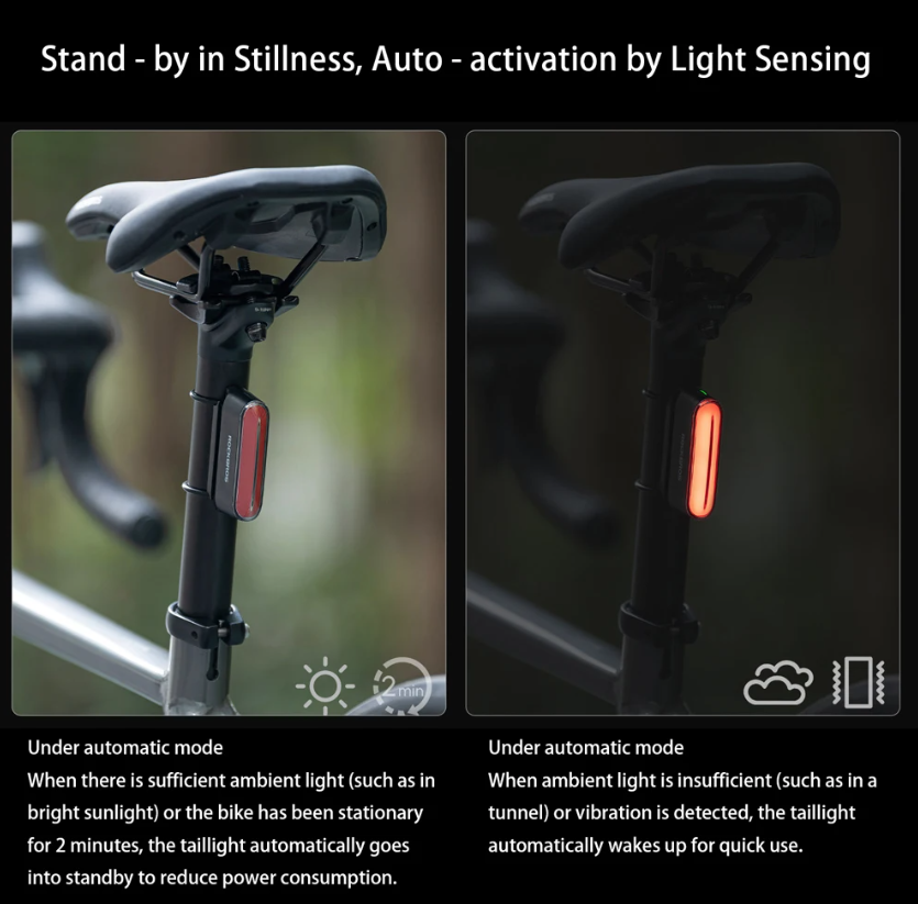 ROCKBROS Magnetisch Fiets Achterlicht IPX6 Waterdicht 7 Modi Slimme Sensor Nachtveiligheidswaarschuwingslicht Fietsaccessoires