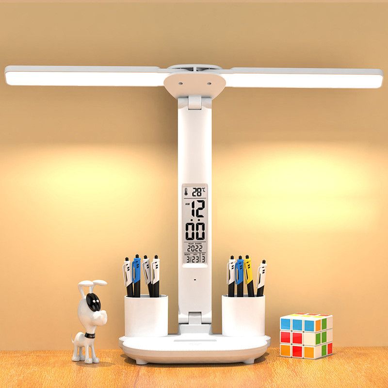 LED-bureaulamp met pennenhouder, ingebouwde kalender, instelbare helderheid en oogbescherming voor thuis en kantoor