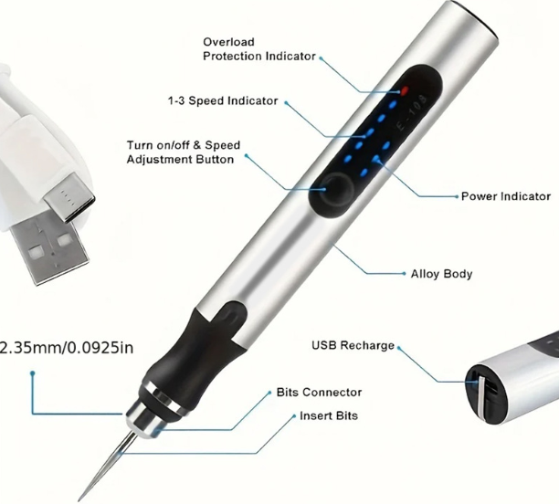 USB oplaadbare graveerpen met 35 bits, mini elektrische graveermachine, draadloos roterend gereedschap voor het graveren van sieraden, steen, metaal, plastic, hout en harsmodel