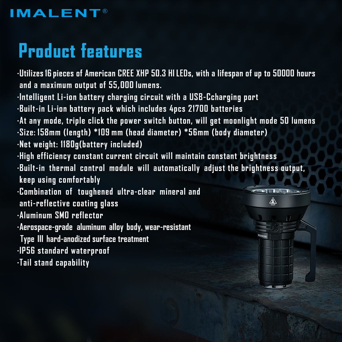 IMALENT SR16 55000 Lumen Lange Straal Zaklamp 1715 Meter LED Zaklamp