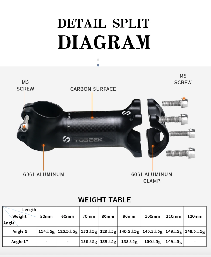 TOSEEK Fiets Stuurpen 28.6-31.8mm Aluminium Carbon Verstelbare Hoek MTB Lichtgewicht Duurzaam Fietsaccessoires