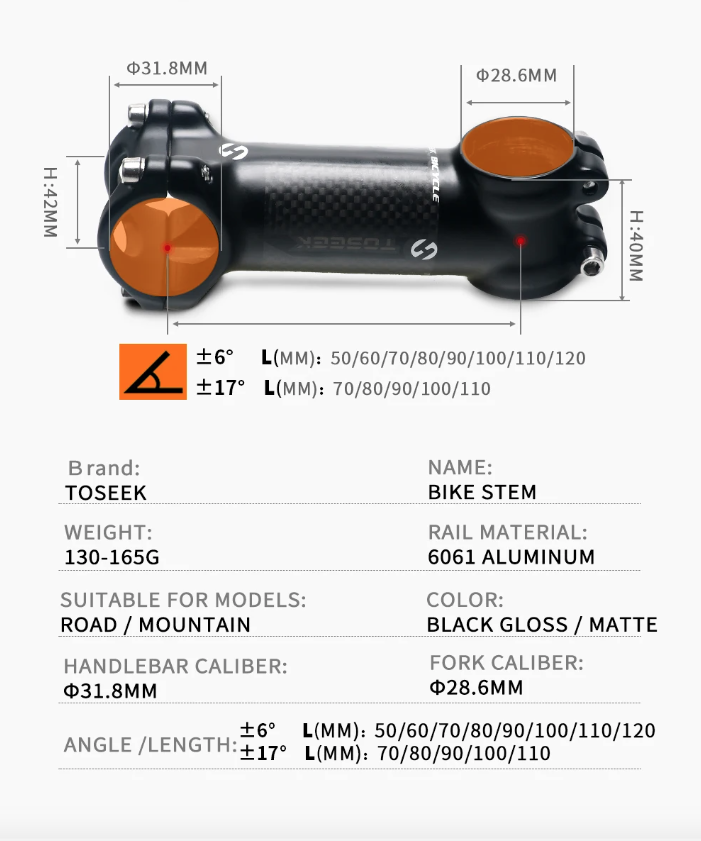 TOSEEK Fiets Stuurpen 28.6-31.8mm Aluminium Carbon Verstelbare Hoek MTB Lichtgewicht Duurzaam Fietsaccessoires
