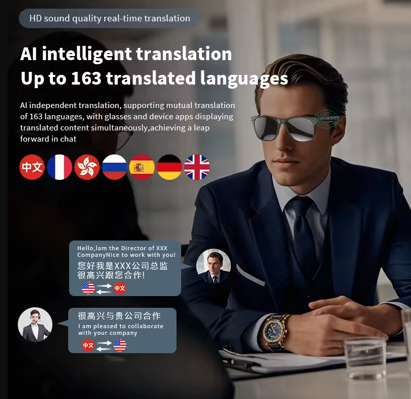 AI Slimme Vertaal Zonnebril Bluetooth Oproep Ruisonderdrukking Muziek Afspelen BT Oproep Vertalen Slimme Bril