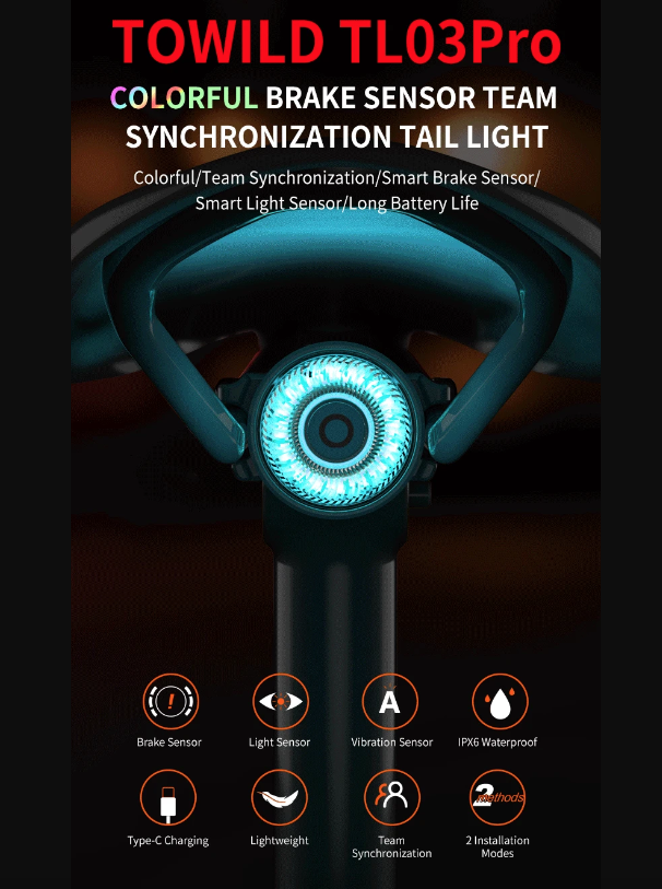 TOWILD TL03Pro LED Fiets Achterlicht Slimme Remsensor Zevenkleuren Knipperend Duurzaam Fietsaccessoire