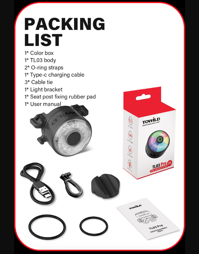 TOWILD TL03Pro LED Fiets Achterlicht Slimme Remsensor Zevenkleuren Knipperend Duurzaam Fietsaccessoire