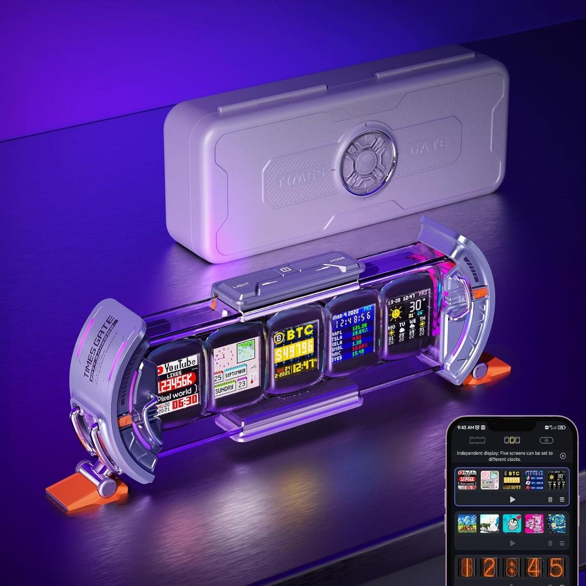 Divoom Times Gate - Cyberpunk gaming-opstelling digitale wekker, slimme app, WiFi-verbinding, RGB LED-display, gepersonaliseerd financieel & Bitcoin-dashboard, pixelkunst voor gamekamer en kantoorinrichting
