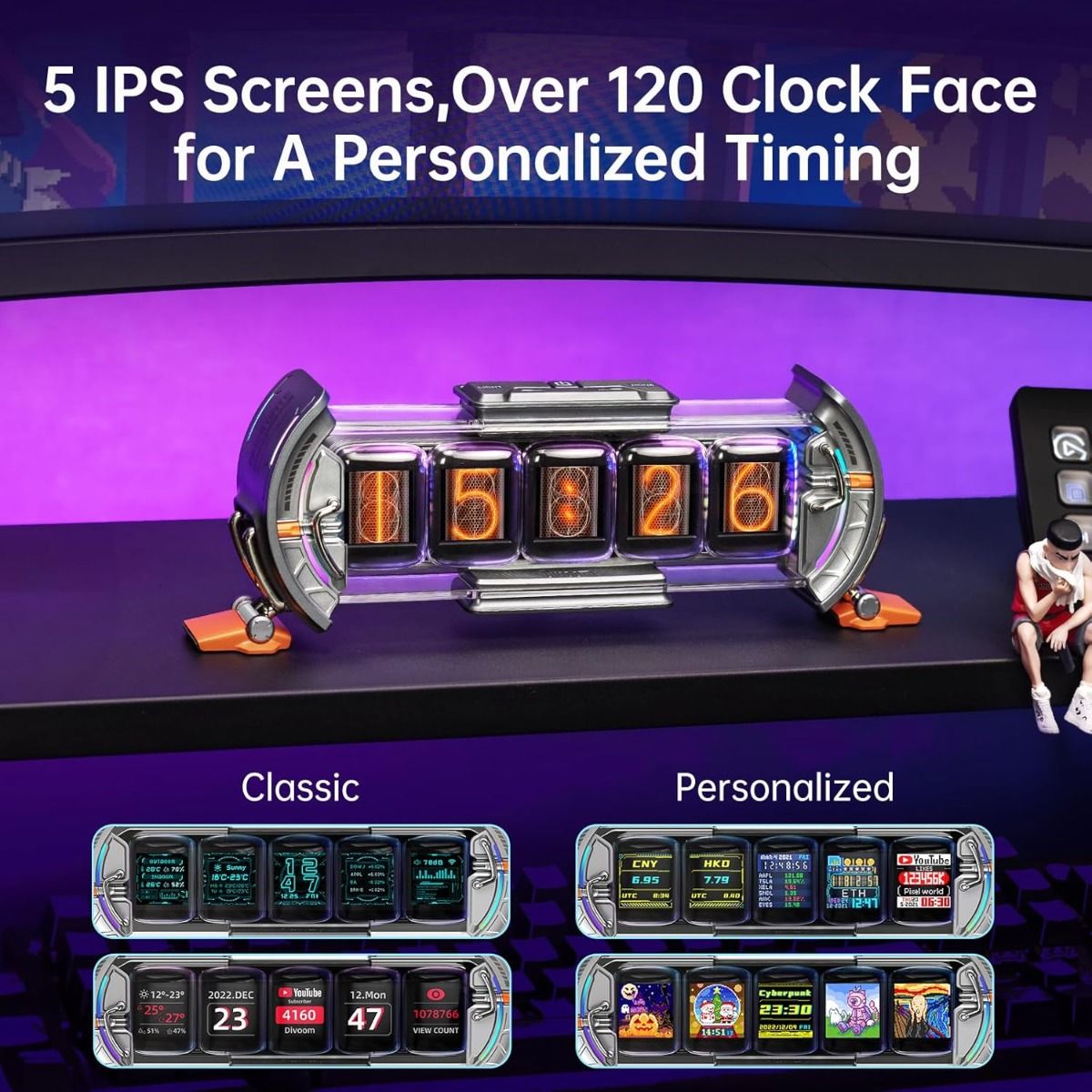 Divoom Times Gate - Cyberpunk gaming-opstelling digitale wekker, slimme app, WiFi-verbinding, RGB LED-display, gepersonaliseerd financieel & Bitcoin-dashboard, pixelkunst voor gamekamer en kantoorinrichting