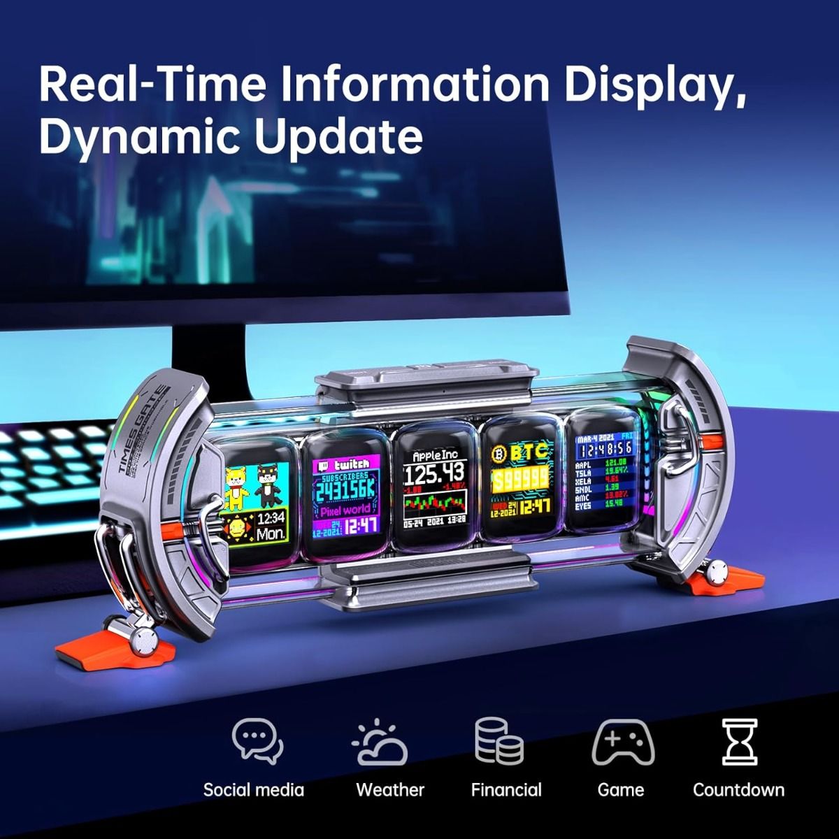 Divoom Times Gate - Cyberpunk gaming-opstelling digitale wekker, slimme app, WiFi-verbinding, RGB LED-display, gepersonaliseerd financieel & Bitcoin-dashboard, pixelkunst voor gamekamer en kantoorinrichting
