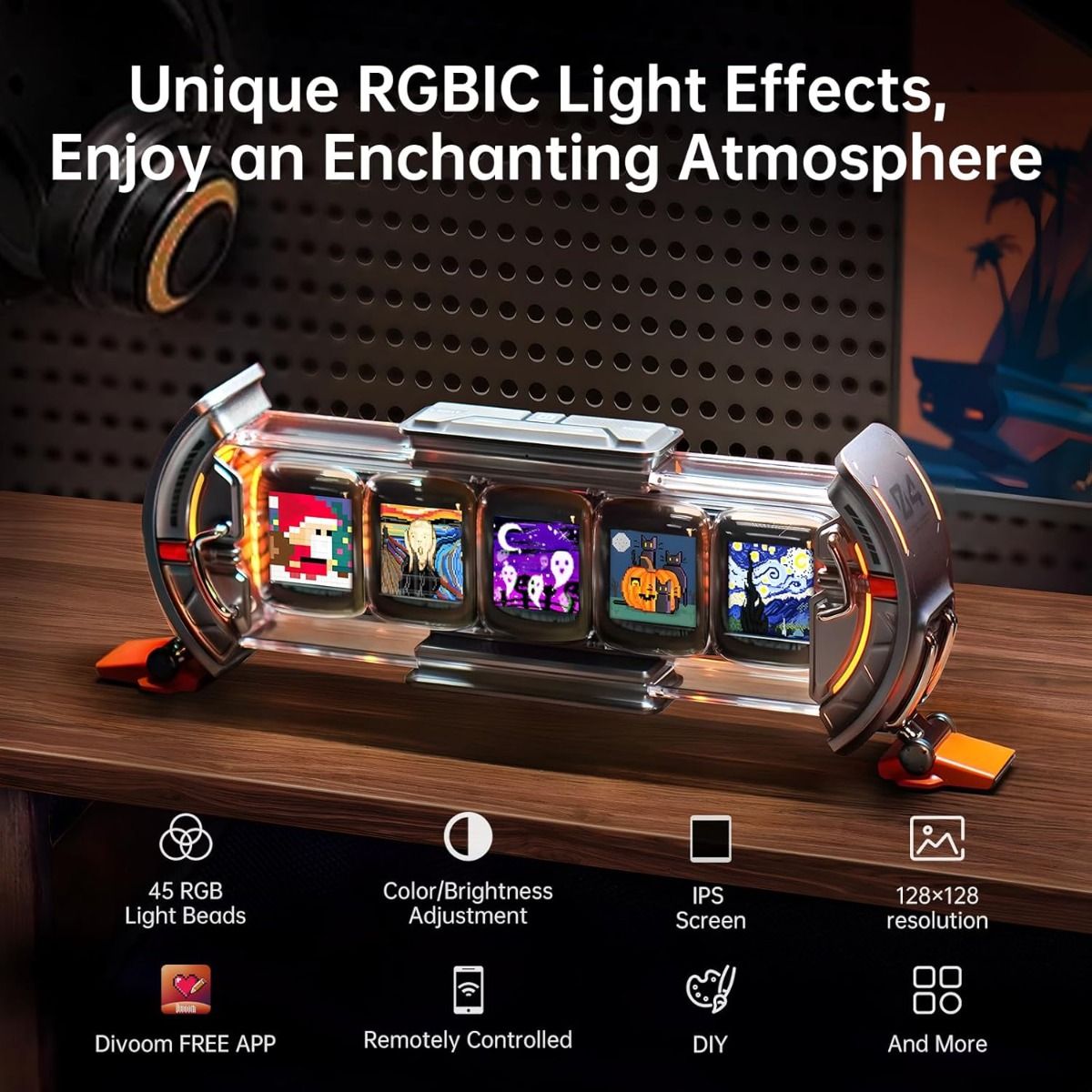 Divoom Times Gate - Cyberpunk gaming-opstelling digitale wekker, slimme app, WiFi-verbinding, RGB LED-display, gepersonaliseerd financieel & Bitcoin-dashboard, pixelkunst voor gamekamer en kantoorinrichting