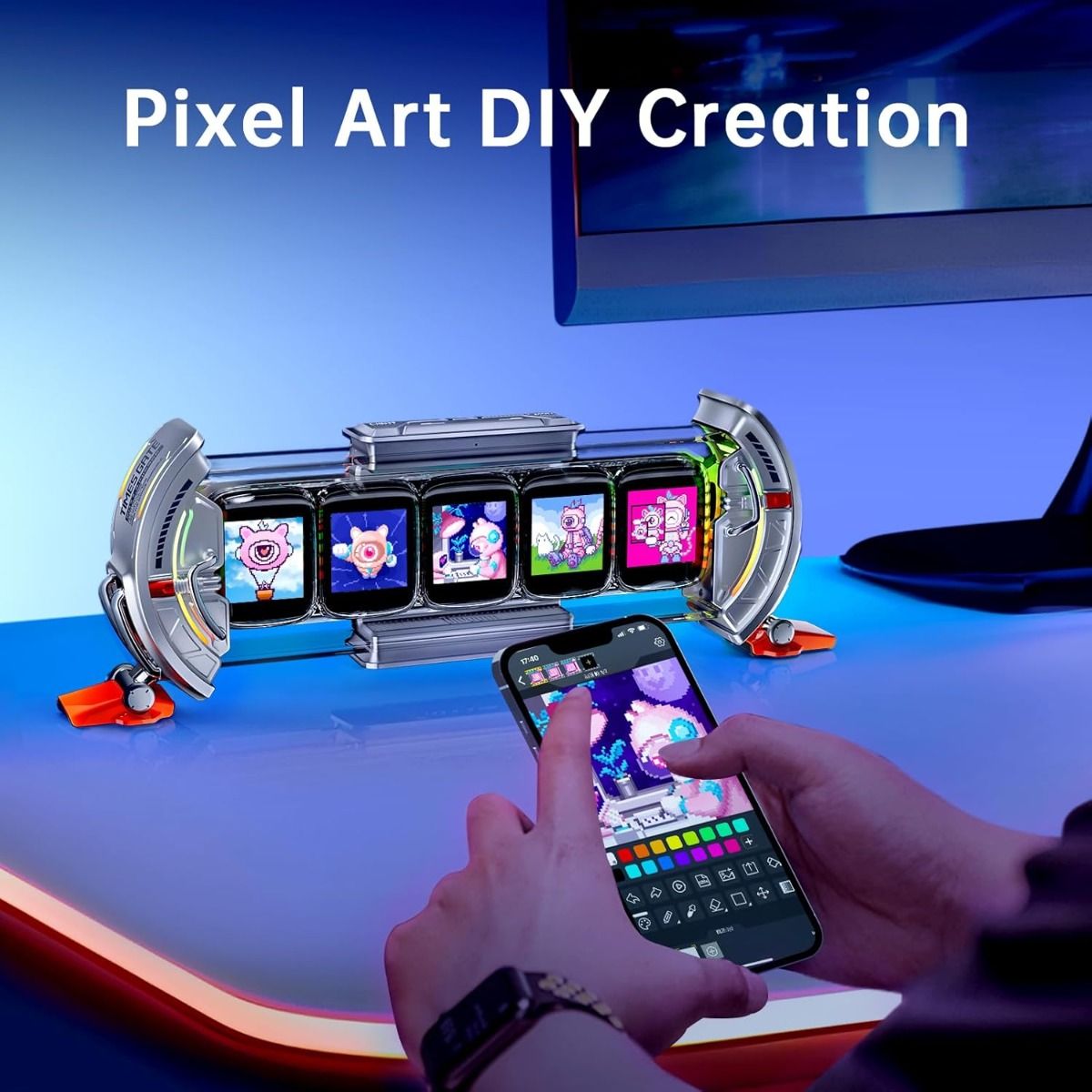 Divoom Times Gate - Cyberpunk gaming-opstelling digitale wekker, slimme app, WiFi-verbinding, RGB LED-display, gepersonaliseerd financieel & Bitcoin-dashboard, pixelkunst voor gamekamer en kantoorinrichting