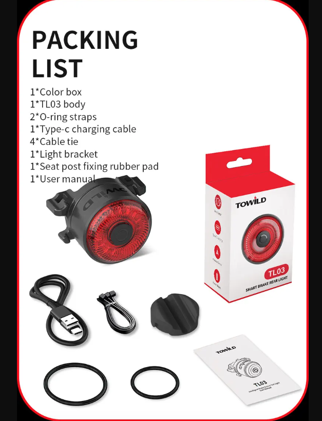 TOWILD TL03 Fiets slimme automatische remdetectie LED-achterlicht fietsaccessoires met vijf flitsmodi