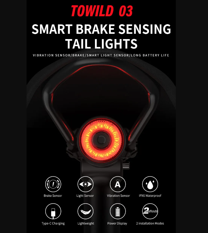 TOWILD TL03 Fiets slimme automatische remdetectie LED-achterlicht fietsaccessoires met vijf flitsmodi