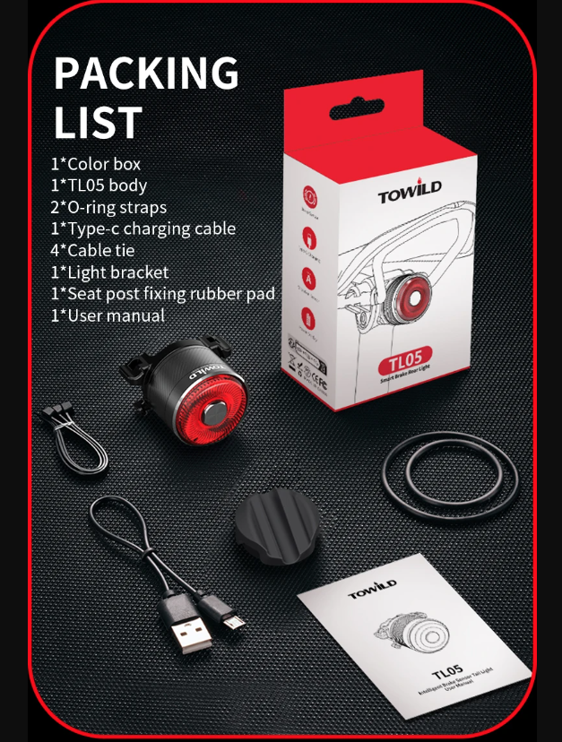 TOWILD TL05 Achterlicht Slimme Automatische Remdetectie IPX6 Waterdicht Fietsveiligheidslicht met 100 Uur Batterij
