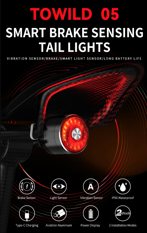 TOWILD TL05 Achterlicht Slimme Automatische Remdetectie IPX6 Waterdicht Fietsveiligheidslicht met 100 Uur Batterij