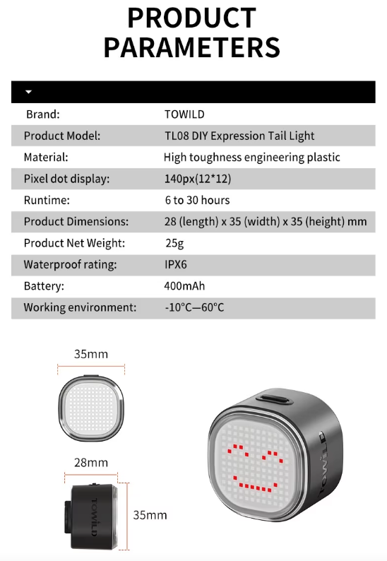 TOWILD TL08 Fietsachterlicht, Aanpasbare Patronen Full-Color Fiets Achterlicht, Remdetectie, USB-C Oplaadbare Fietsachterlichten