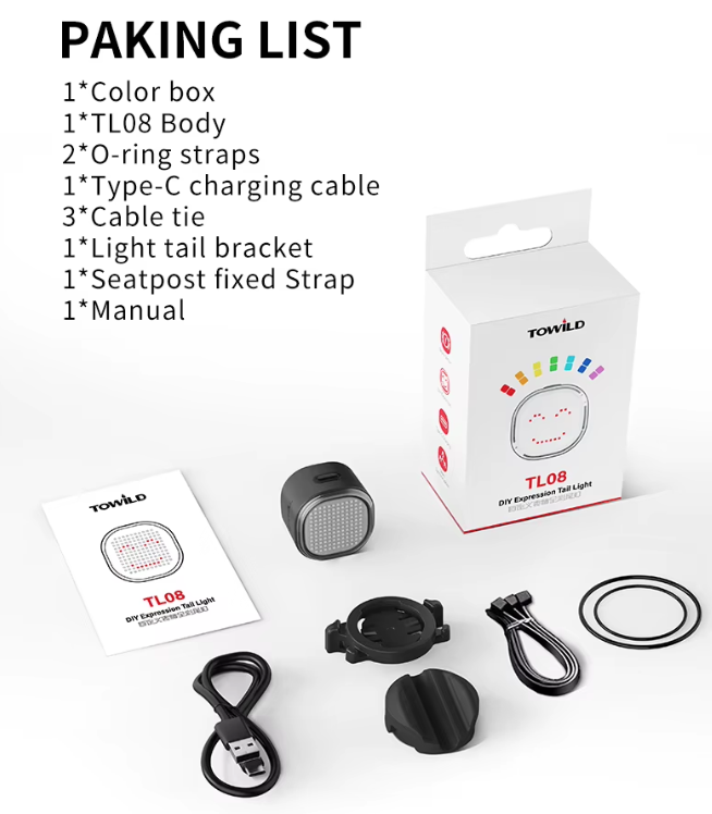 TOWILD TL08 Fietsachterlicht, Aanpasbare Patronen Full-Color Fiets Achterlicht, Remdetectie, USB-C Oplaadbare Fietsachterlichten