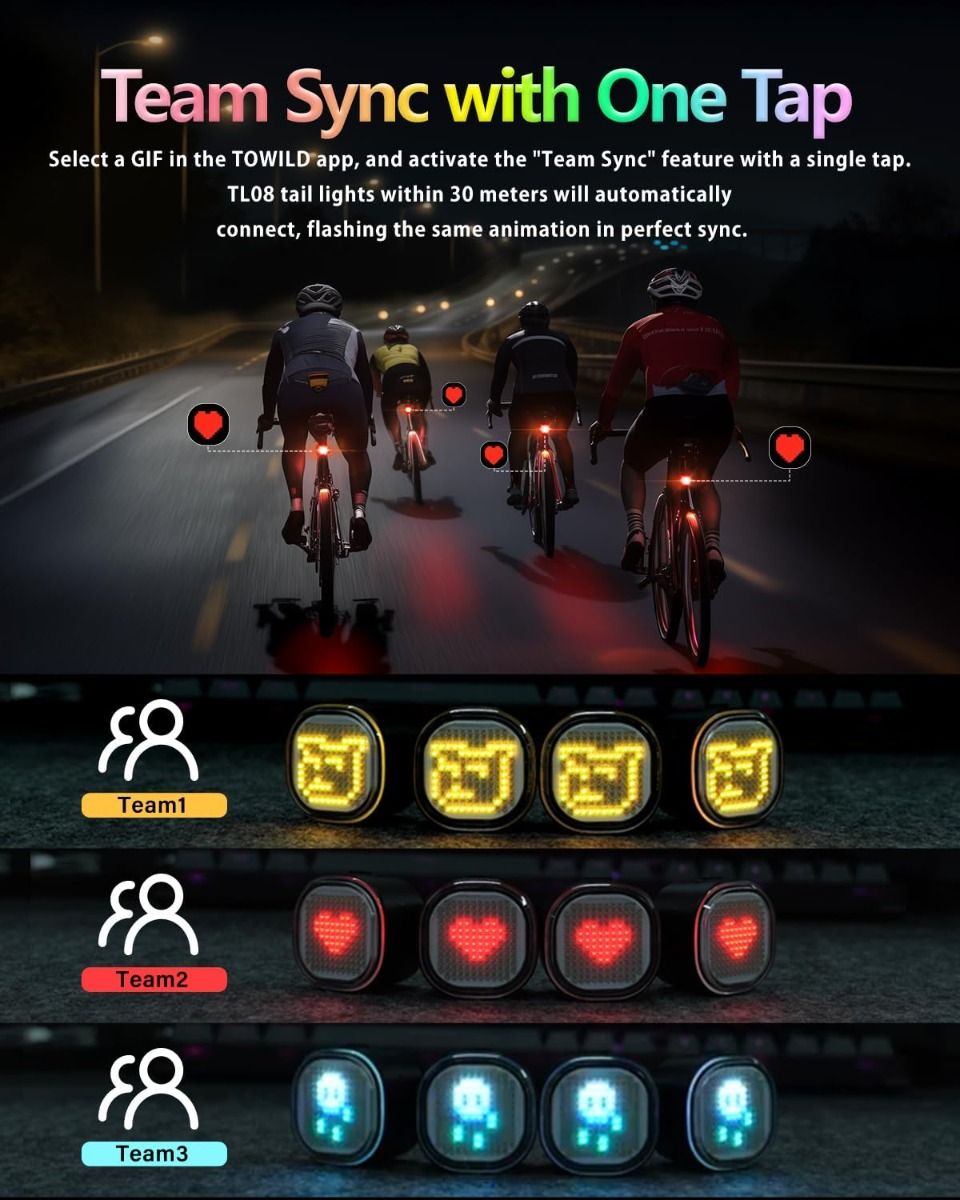 TOWILD TL08 Fietsachterlicht, Aanpasbare Patronen Full-Color Fiets Achterlicht, Remdetectie, USB-C Oplaadbare Fietsachterlichten