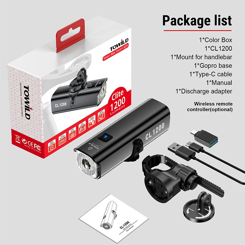 TOWILD CL1200 1200LM Fietslamp USB-oplaadbare voorlamp met draadloze afstandsbediening voor veilig fietsen in het donker