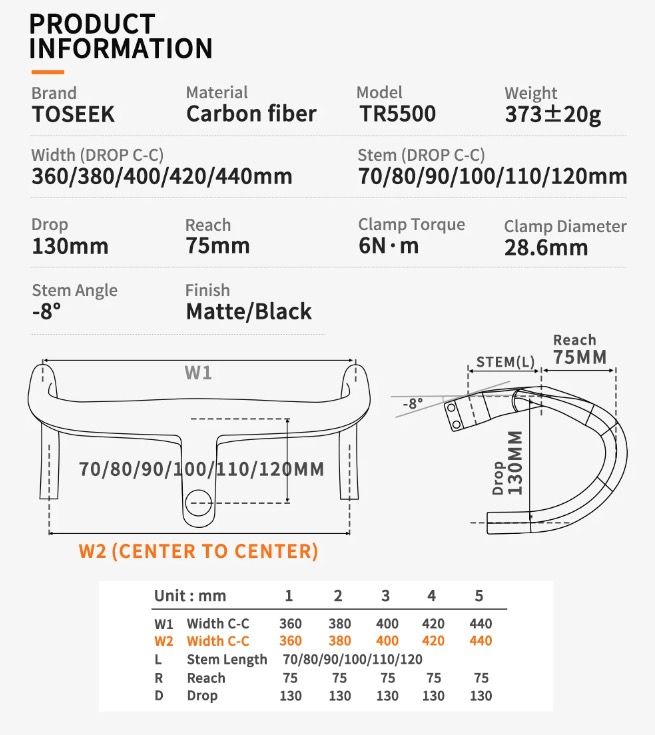 TOSEEK TR5500 racefiets stuur met volledig koolstofvezel stuurpen en geïntegreerde fietsaccessoires ultralicht