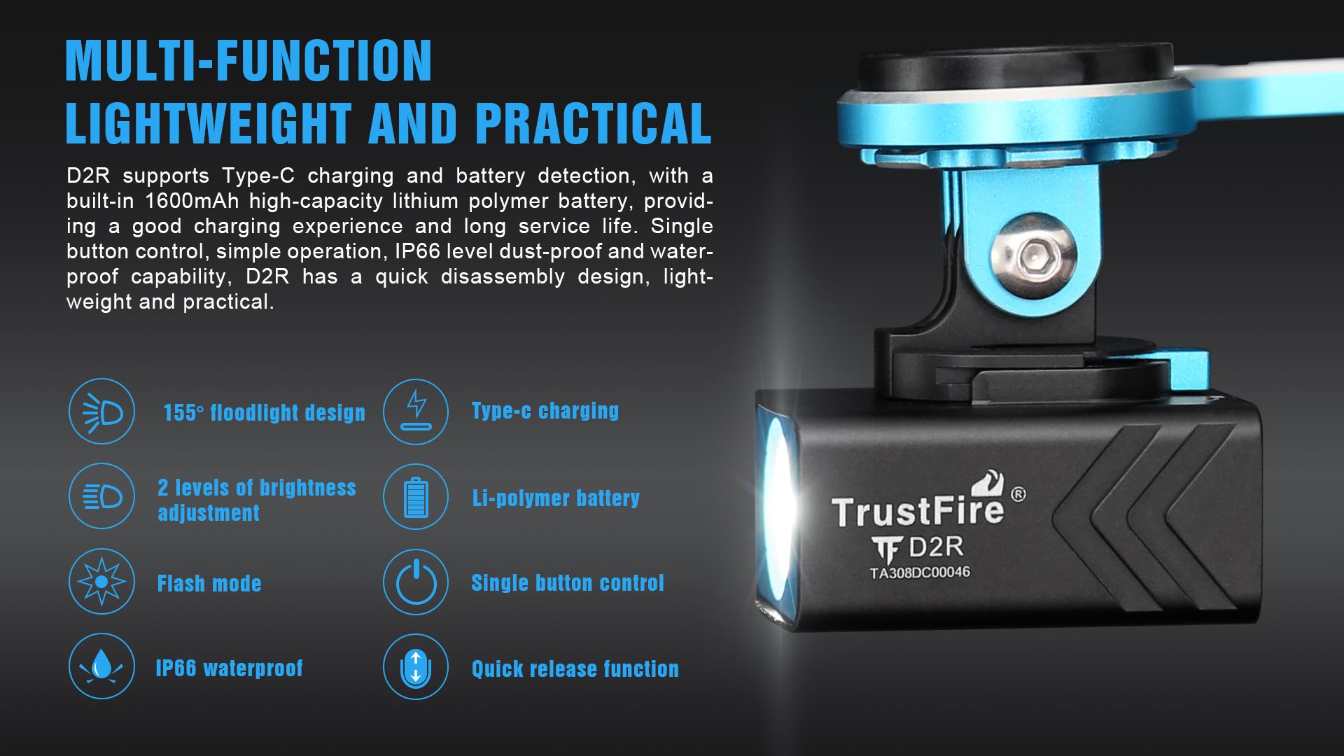 TrustFire D2R Fietslamp 450LM Waterdichte Koplamp Type-C Oplaadbare Fietslamp voor Veiligheid en Zichtbaarheid