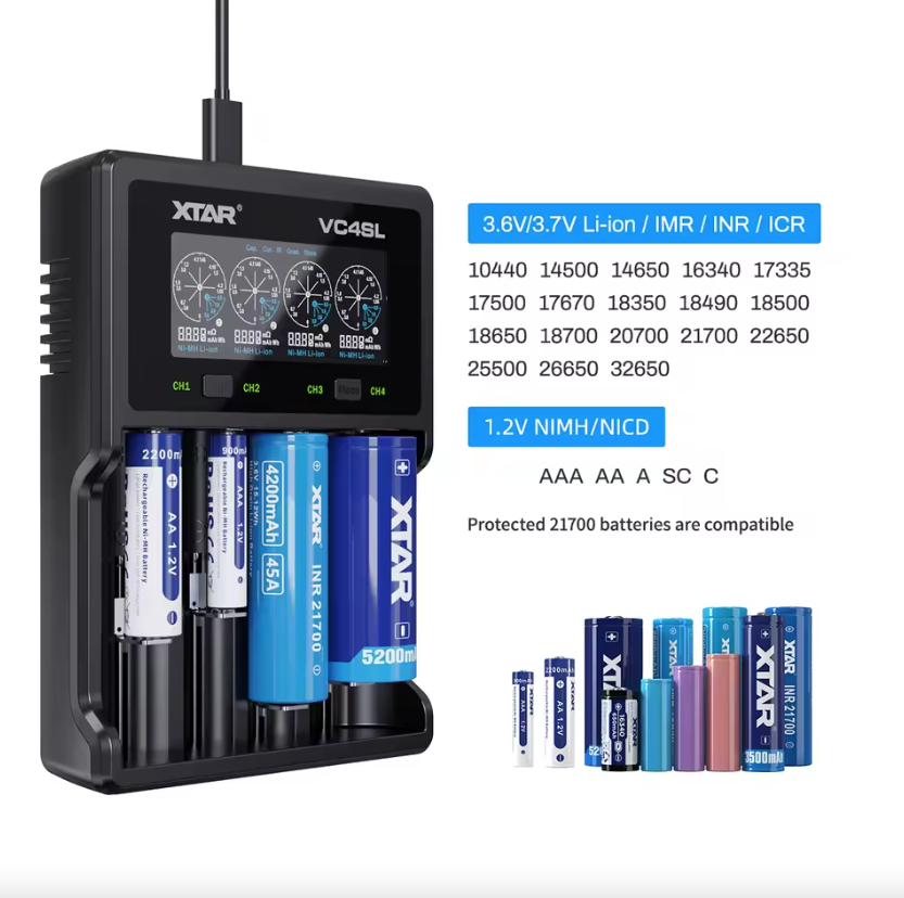 XTAR VC4SL 18650 21700 batterijlader USB-C snel opladen milieuvriendelijke veelzijdige lader voor technische accessoires