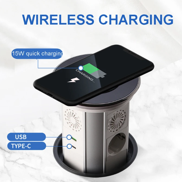 VENSTPOW Elektrische liftstopcontacten met USB draadloos opladen, gemotoriseerd pop-up stopcontact voor een georganiseerde werkruimte